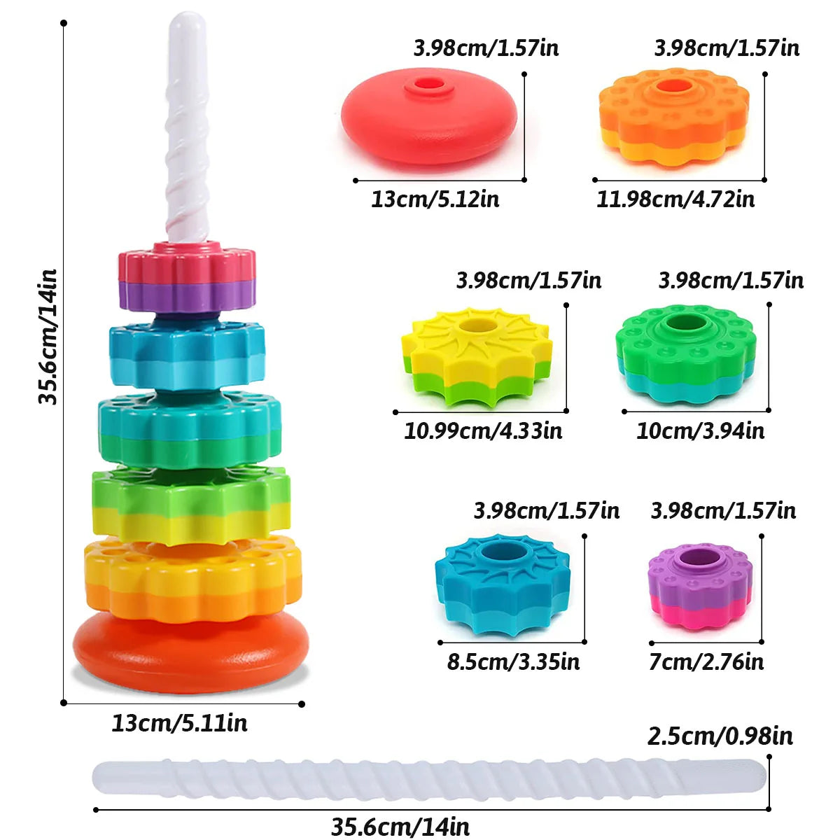 "Rotating Rainbow Tower: The Ultimate Safe Stacking Toy"