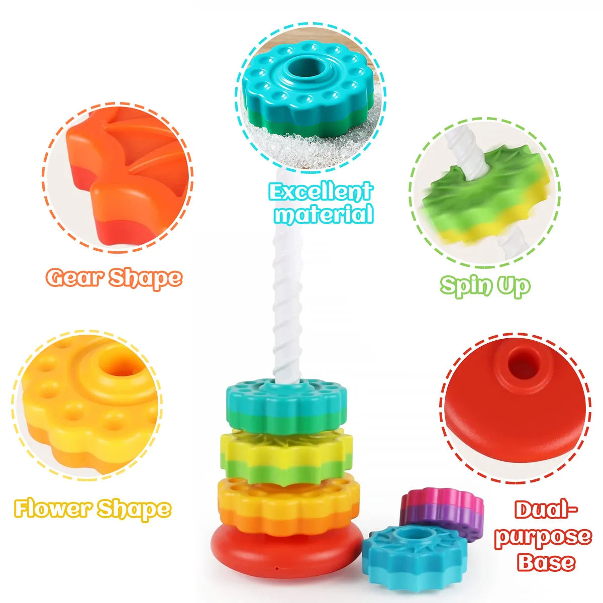 "Rotating Rainbow Tower: The Ultimate Safe Stacking Toy"