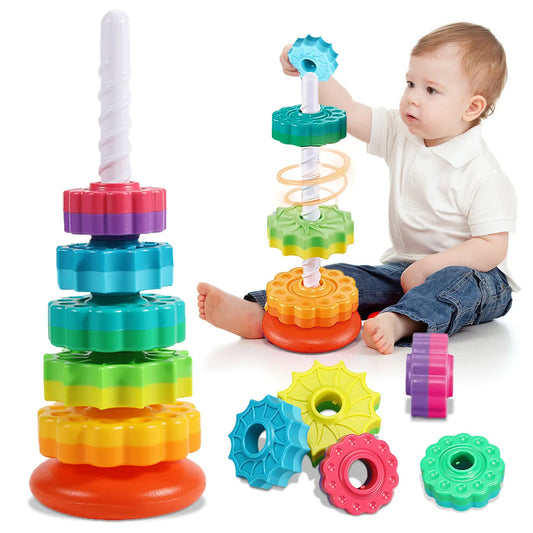 "Rotating Rainbow Tower: The Ultimate Safe Stacking Toy"