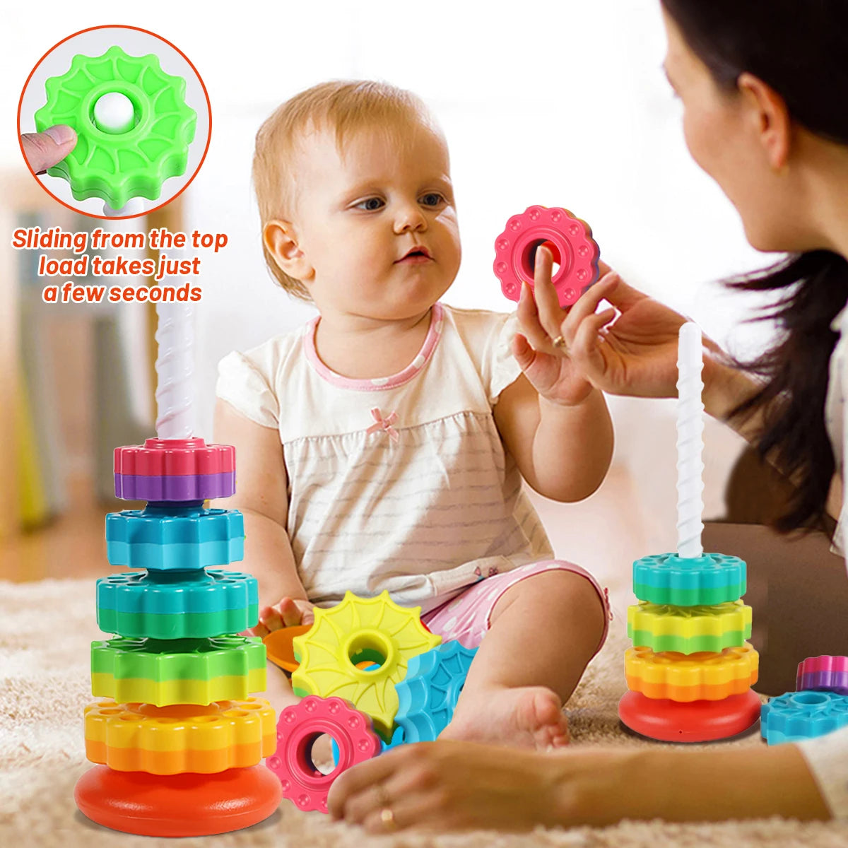 "Rotating Rainbow Tower: The Ultimate Safe Stacking Toy"