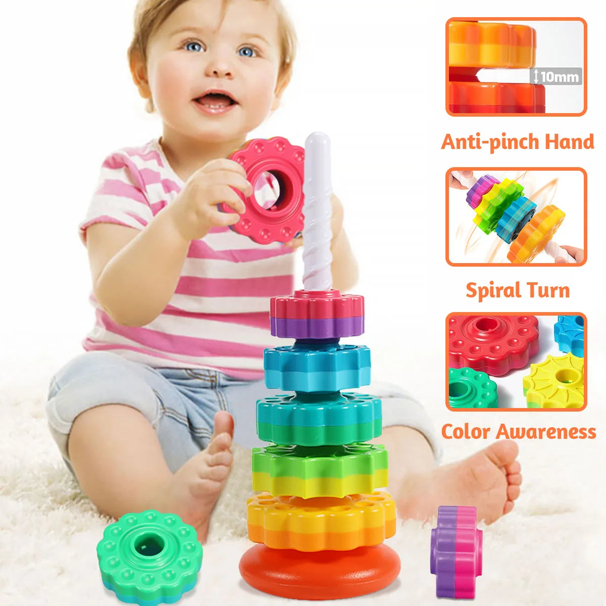 "Rotating Rainbow Tower: The Ultimate Safe Stacking Toy"