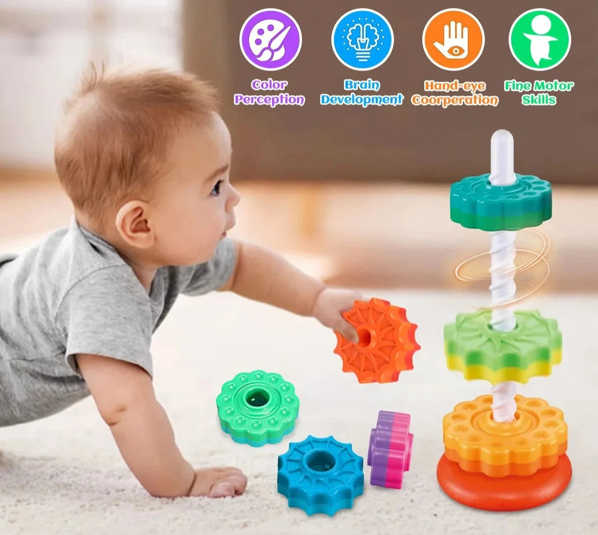 "Rotating Rainbow Tower: The Ultimate Safe Stacking Toy"